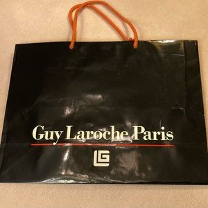 Guy Laroche Paris,black gloss glazed paper branded shopping tote,orange handles